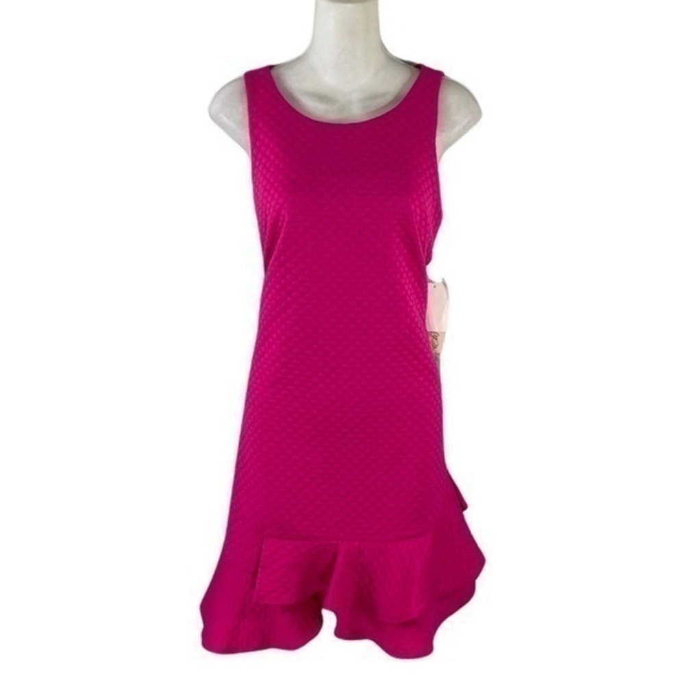 NWT Eliza J Sonic Hot Pink Dot Textured Ruffle Hem Sleeveless Dress 12 HH12